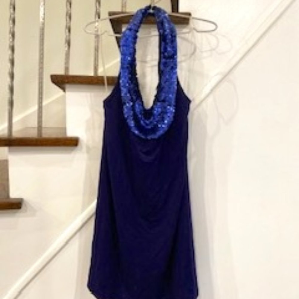 EUC Kopa beaded open back mini dress in indigo blue (size S)